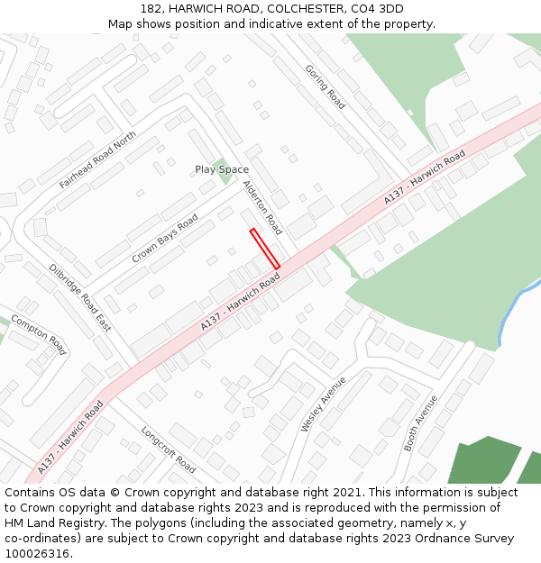 182, HARWICH ROAD, COLCHESTER, CO4 3DD: Location map and indicative extent of plot
