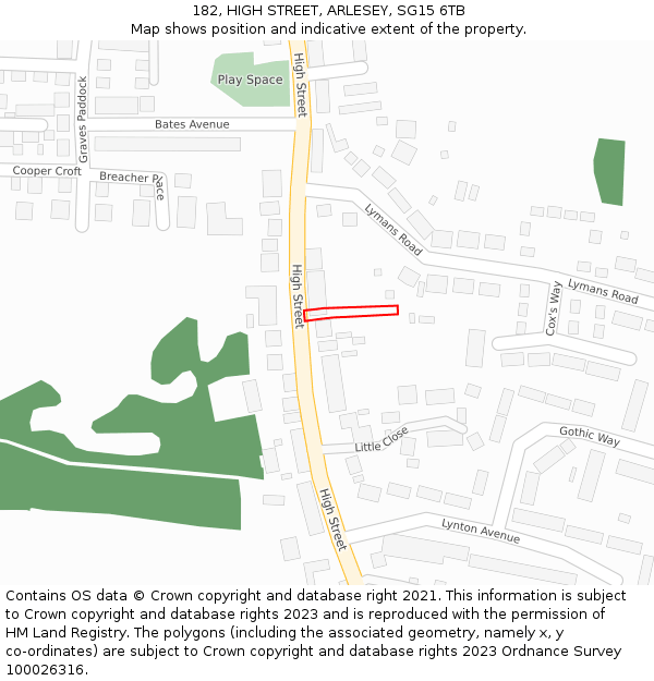182, HIGH STREET, ARLESEY, SG15 6TB: Location map and indicative extent of plot