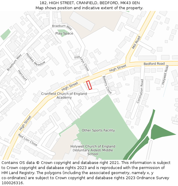 182, HIGH STREET, CRANFIELD, BEDFORD, MK43 0EN: Location map and indicative extent of plot