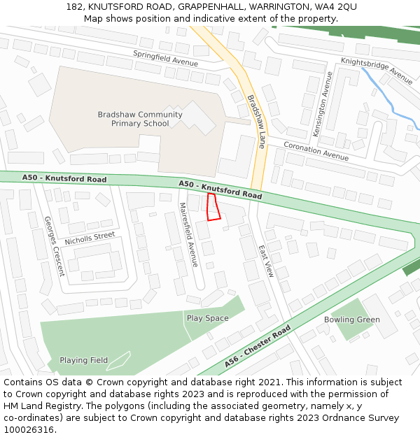 182, KNUTSFORD ROAD, GRAPPENHALL, WARRINGTON, WA4 2QU: Location map and indicative extent of plot