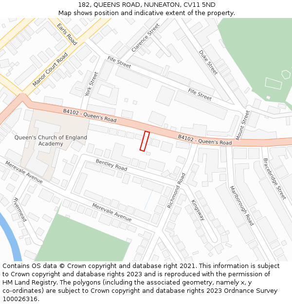 182, QUEENS ROAD, NUNEATON, CV11 5ND: Location map and indicative extent of plot