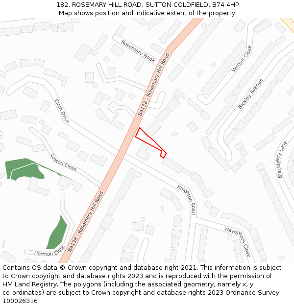 182, ROSEMARY HILL ROAD, SUTTON COLDFIELD, B74 4HP: Location map and indicative extent of plot