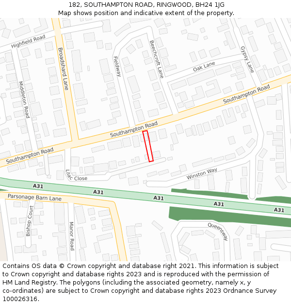182, SOUTHAMPTON ROAD, RINGWOOD, BH24 1JG: Location map and indicative extent of plot
