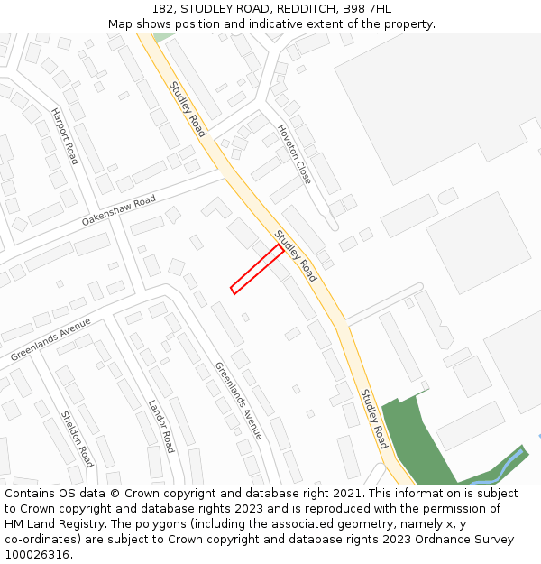 182, STUDLEY ROAD, REDDITCH, B98 7HL: Location map and indicative extent of plot