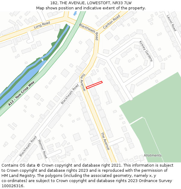182, THE AVENUE, LOWESTOFT, NR33 7LW: Location map and indicative extent of plot