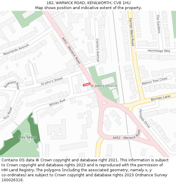 182, WARWICK ROAD, KENILWORTH, CV8 1HU: Location map and indicative extent of plot