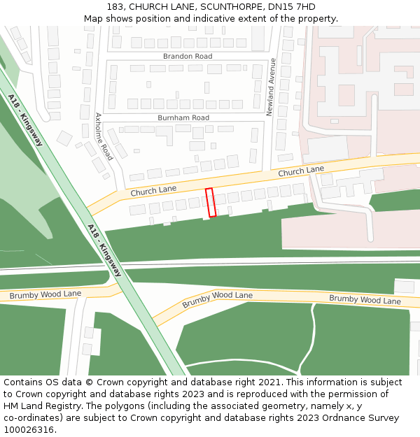 183, CHURCH LANE, SCUNTHORPE, DN15 7HD: Location map and indicative extent of plot