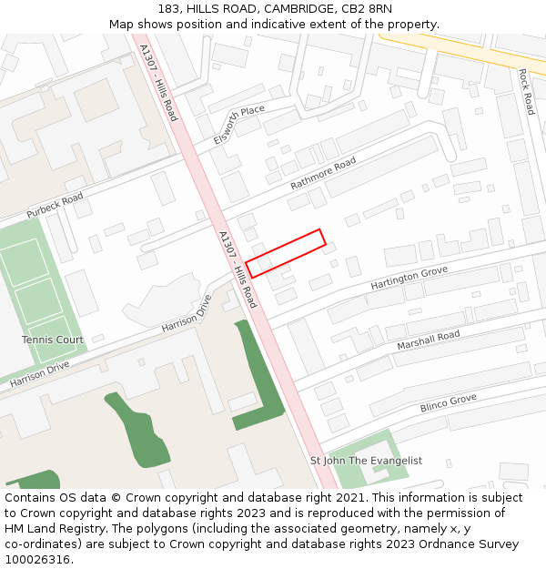 183, HILLS ROAD, CAMBRIDGE, CB2 8RN: Location map and indicative extent of plot