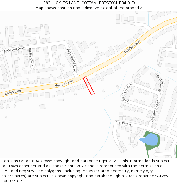 183, HOYLES LANE, COTTAM, PRESTON, PR4 0LD: Location map and indicative extent of plot