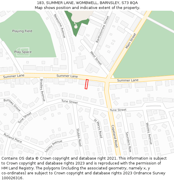 183, SUMMER LANE, WOMBWELL, BARNSLEY, S73 8QA: Location map and indicative extent of plot