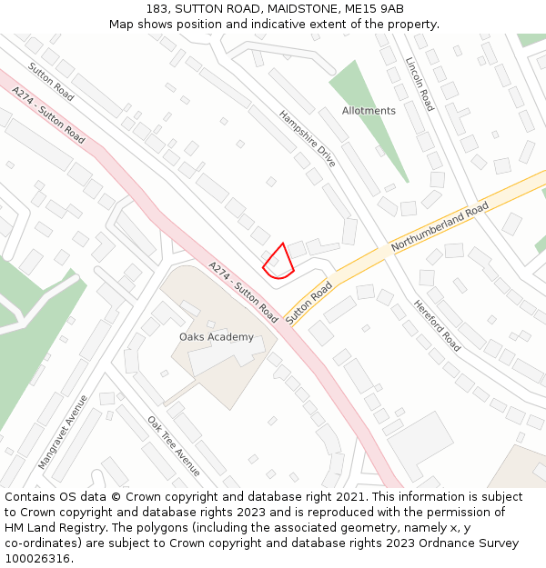 183, SUTTON ROAD, MAIDSTONE, ME15 9AB: Location map and indicative extent of plot