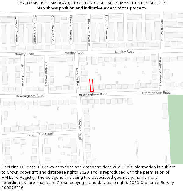 184, BRANTINGHAM ROAD, CHORLTON CUM HARDY, MANCHESTER, M21 0TS: Location map and indicative extent of plot