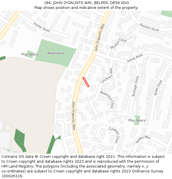 184, JOHN O'GAUNTS WAY, BELPER, DE56 0DG: Location map and indicative extent of plot