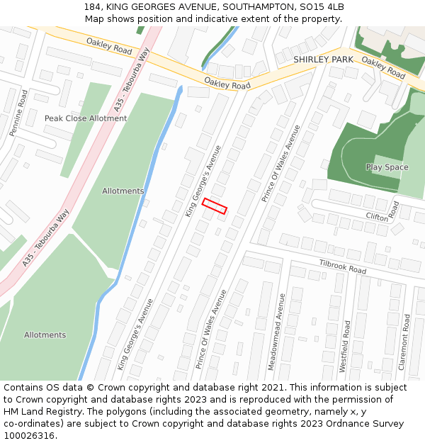 184, KING GEORGES AVENUE, SOUTHAMPTON, SO15 4LB: Location map and indicative extent of plot