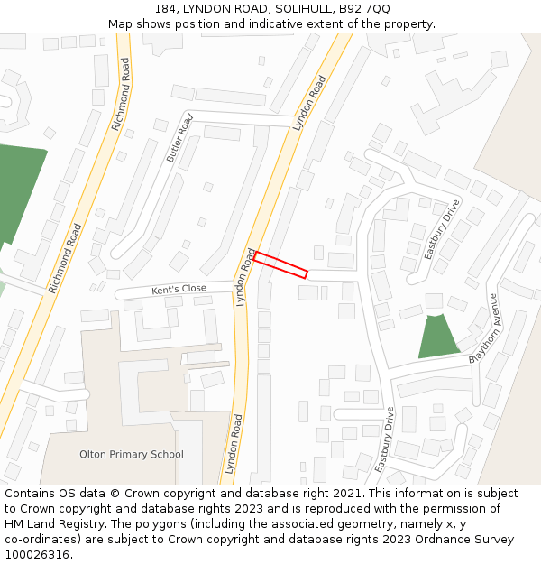 184, LYNDON ROAD, SOLIHULL, B92 7QQ: Location map and indicative extent of plot
