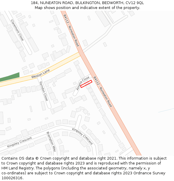 184, NUNEATON ROAD, BULKINGTON, BEDWORTH, CV12 9QL: Location map and indicative extent of plot