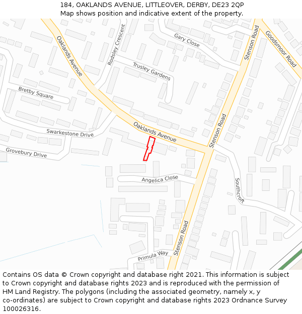 184, OAKLANDS AVENUE, LITTLEOVER, DERBY, DE23 2QP: Location map and indicative extent of plot