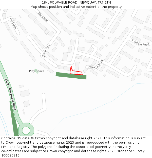 184, POLWHELE ROAD, NEWQUAY, TR7 2TN: Location map and indicative extent of plot