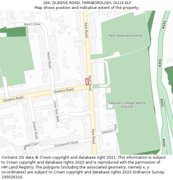 184, QUEENS ROAD, FARNBOROUGH, GU14 6LF: Location map and indicative extent of plot