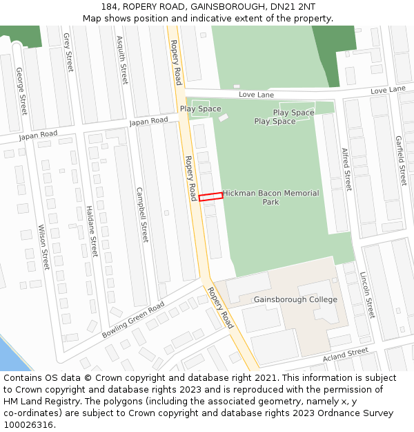 184, ROPERY ROAD, GAINSBOROUGH, DN21 2NT: Location map and indicative extent of plot