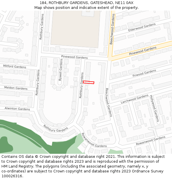 184, ROTHBURY GARDENS, GATESHEAD, NE11 0AX: Location map and indicative extent of plot