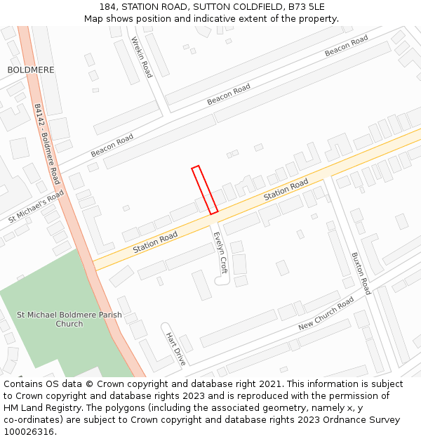 184, STATION ROAD, SUTTON COLDFIELD, B73 5LE: Location map and indicative extent of plot