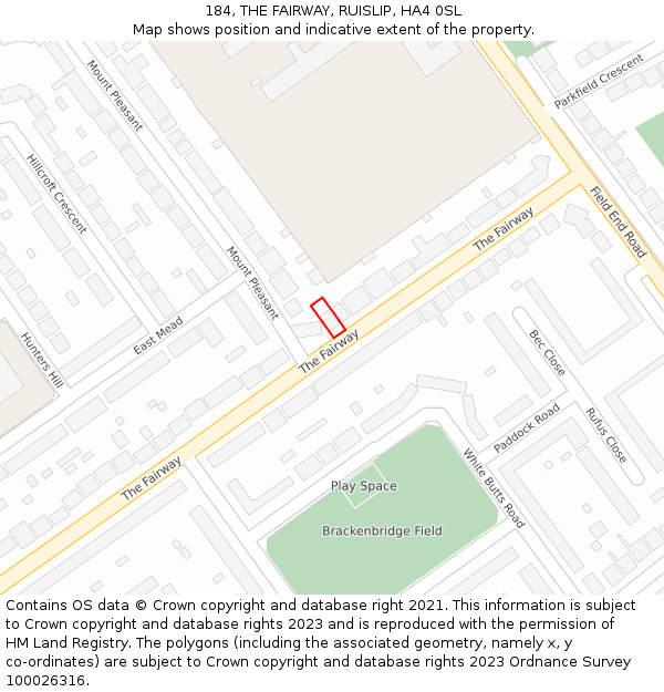 184, THE FAIRWAY, RUISLIP, HA4 0SL: Location map and indicative extent of plot
