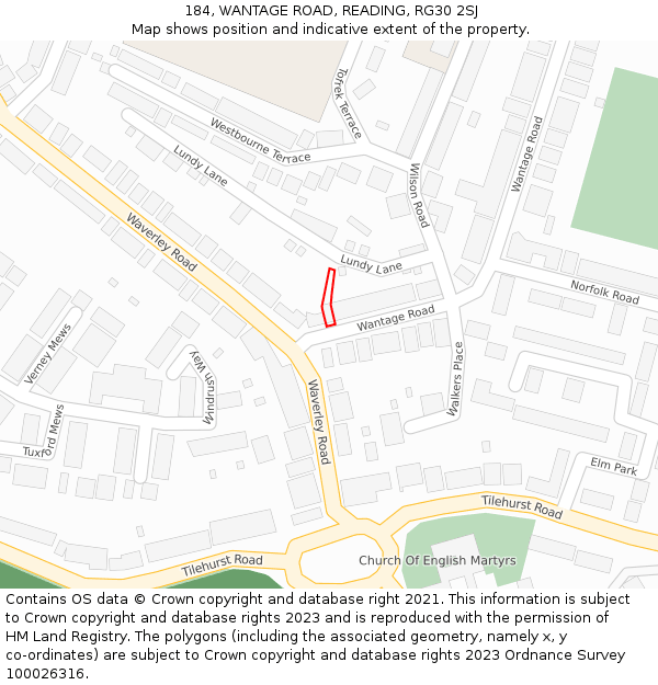 184, WANTAGE ROAD, READING, RG30 2SJ: Location map and indicative extent of plot