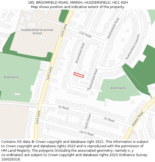 185, BROOMFIELD ROAD, MARSH, HUDDERSFIELD, HD1 4QH: Location map and indicative extent of plot