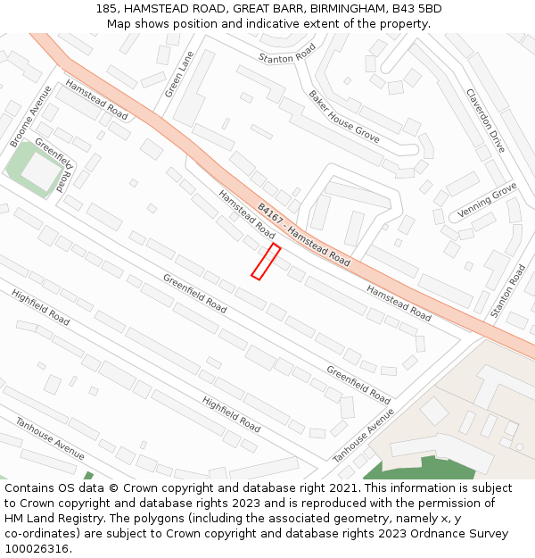 185, HAMSTEAD ROAD, GREAT BARR, BIRMINGHAM, B43 5BD: Location map and indicative extent of plot