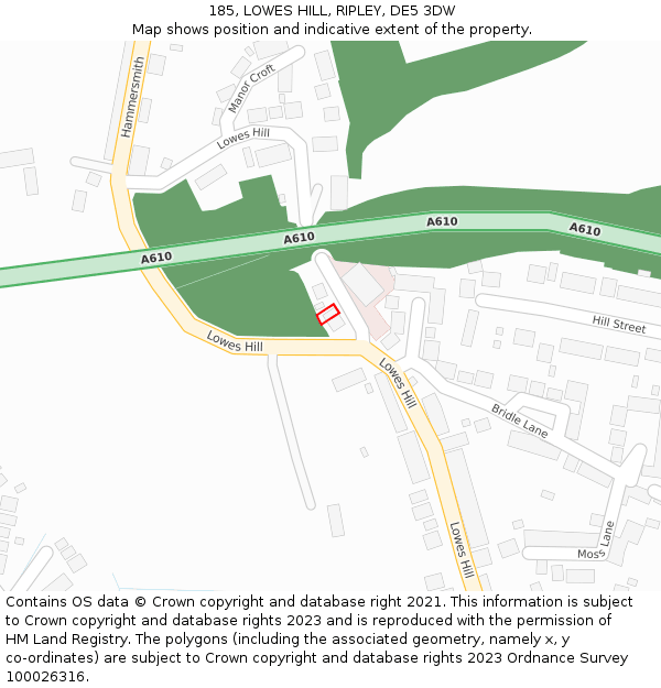 185, LOWES HILL, RIPLEY, DE5 3DW: Location map and indicative extent of plot