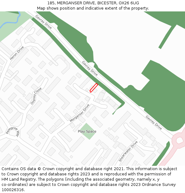 185, MERGANSER DRIVE, BICESTER, OX26 6UG: Location map and indicative extent of plot