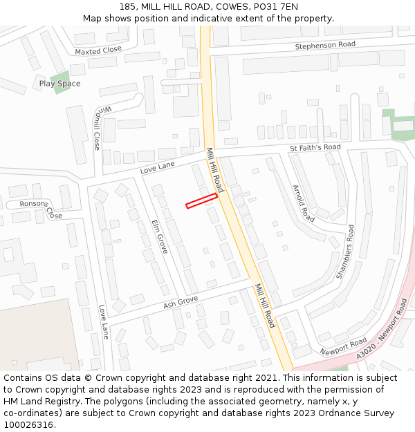 185, MILL HILL ROAD, COWES, PO31 7EN: Location map and indicative extent of plot