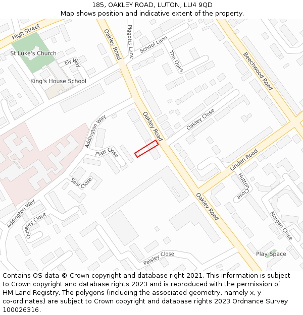 185, OAKLEY ROAD, LUTON, LU4 9QD: Location map and indicative extent of plot