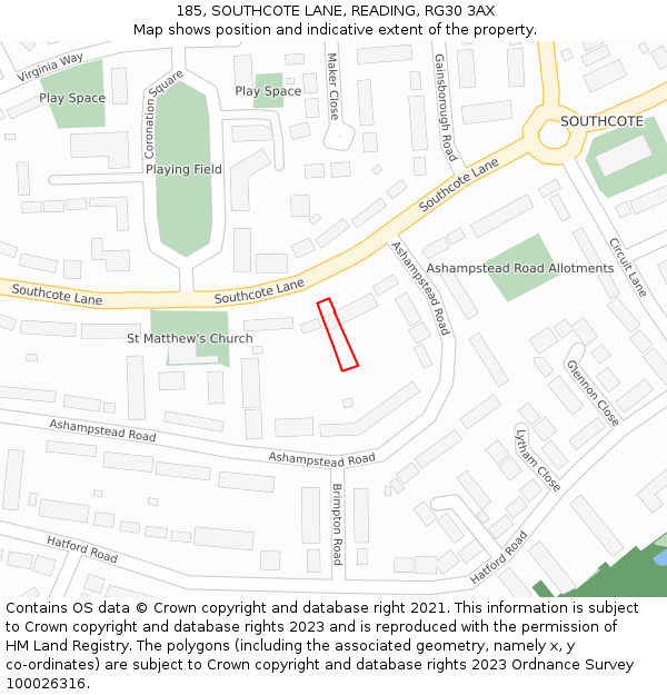 185, SOUTHCOTE LANE, READING, RG30 3AX: Location map and indicative extent of plot