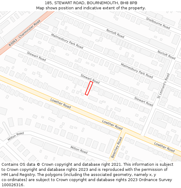 185, STEWART ROAD, BOURNEMOUTH, BH8 8PB: Location map and indicative extent of plot