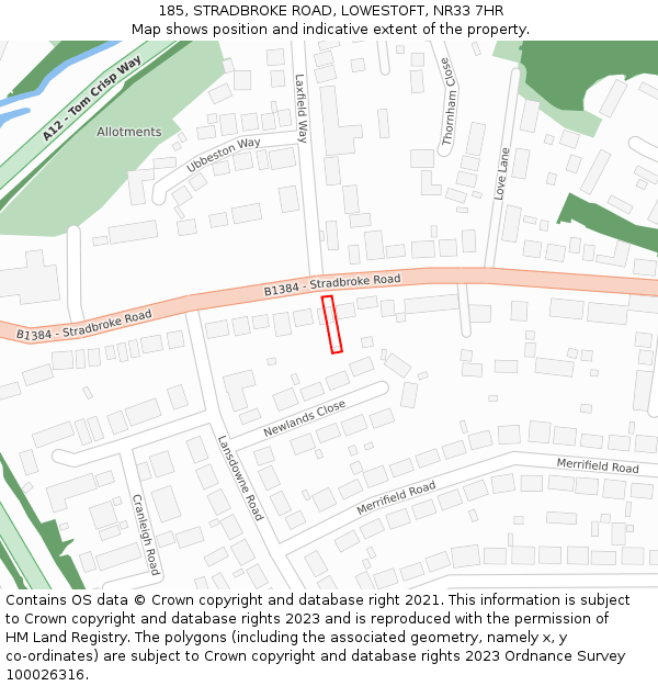 185, STRADBROKE ROAD, LOWESTOFT, NR33 7HR: Location map and indicative extent of plot