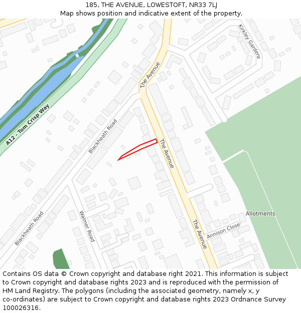 185, THE AVENUE, LOWESTOFT, NR33 7LJ: Location map and indicative extent of plot