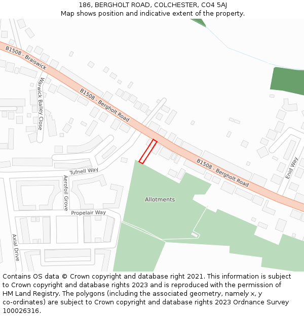 186, BERGHOLT ROAD, COLCHESTER, CO4 5AJ: Location map and indicative extent of plot