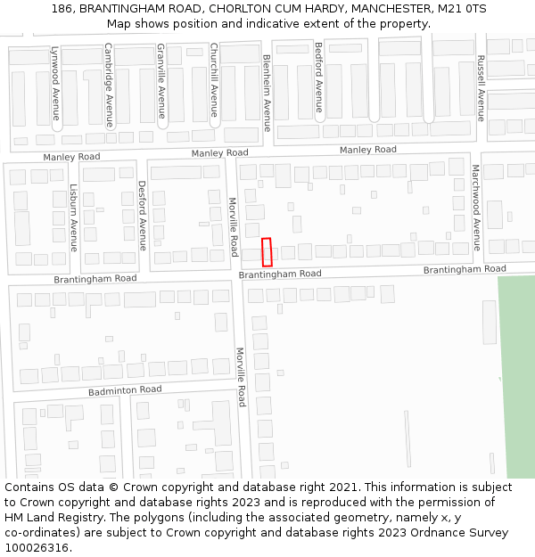186, BRANTINGHAM ROAD, CHORLTON CUM HARDY, MANCHESTER, M21 0TS: Location map and indicative extent of plot