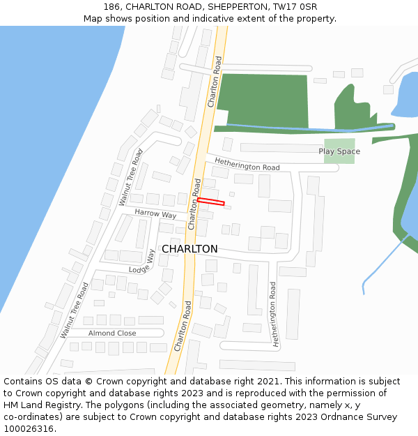 186, CHARLTON ROAD, SHEPPERTON, TW17 0SR: Location map and indicative extent of plot