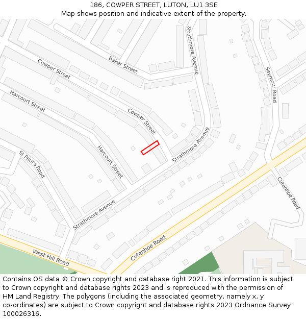 186, COWPER STREET, LUTON, LU1 3SE: Location map and indicative extent of plot