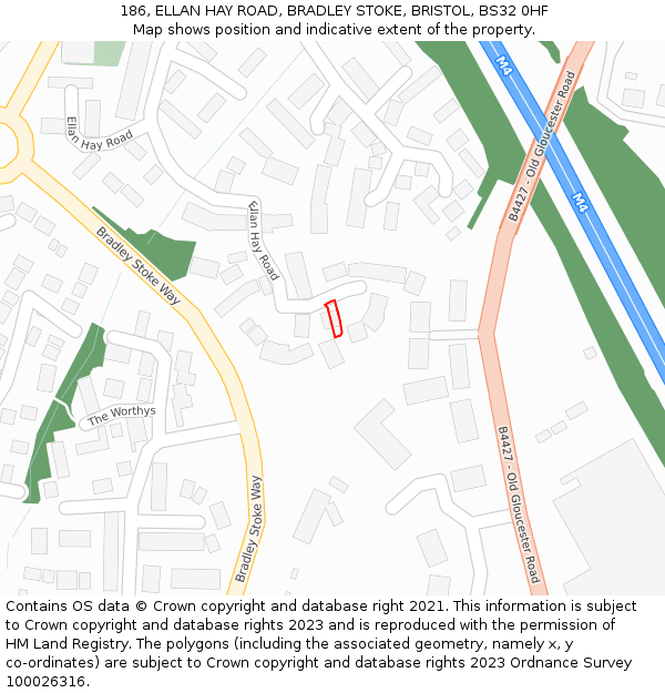 186, ELLAN HAY ROAD, BRADLEY STOKE, BRISTOL, BS32 0HF: Location map and indicative extent of plot