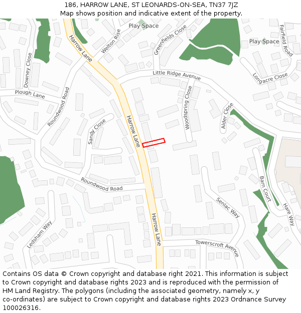 186, HARROW LANE, ST LEONARDS-ON-SEA, TN37 7JZ: Location map and indicative extent of plot