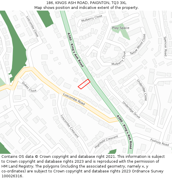 186, KINGS ASH ROAD, PAIGNTON, TQ3 3XL: Location map and indicative extent of plot
