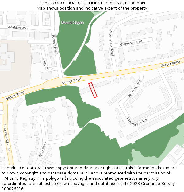 186, NORCOT ROAD, TILEHURST, READING, RG30 6BN: Location map and indicative extent of plot