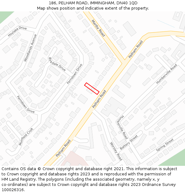 186, PELHAM ROAD, IMMINGHAM, DN40 1QD: Location map and indicative extent of plot