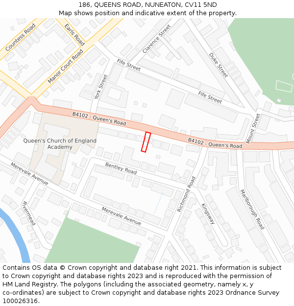 186, QUEENS ROAD, NUNEATON, CV11 5ND: Location map and indicative extent of plot