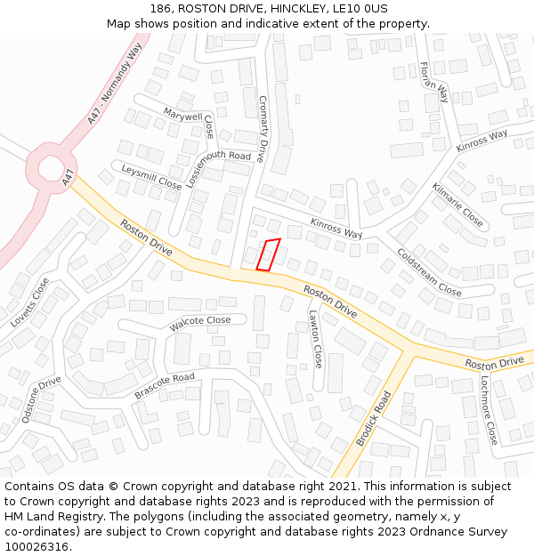 186, ROSTON DRIVE, HINCKLEY, LE10 0US: Location map and indicative extent of plot