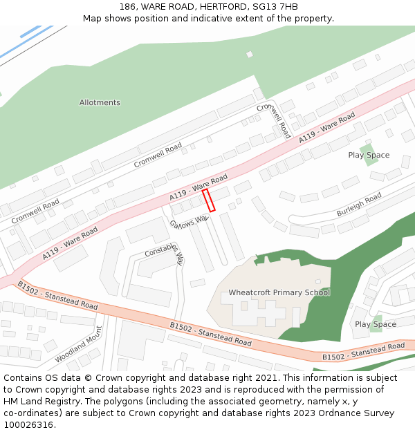 186, WARE ROAD, HERTFORD, SG13 7HB: Location map and indicative extent of plot
